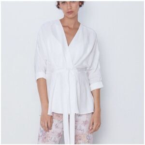 Zara Women’s Wrap Shirt White Sz. S Front Tie Linen